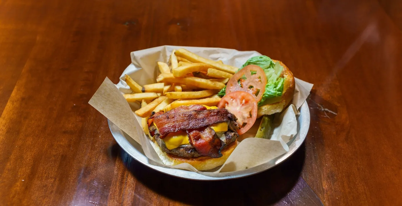 Jugs OG burger with bacon and fries